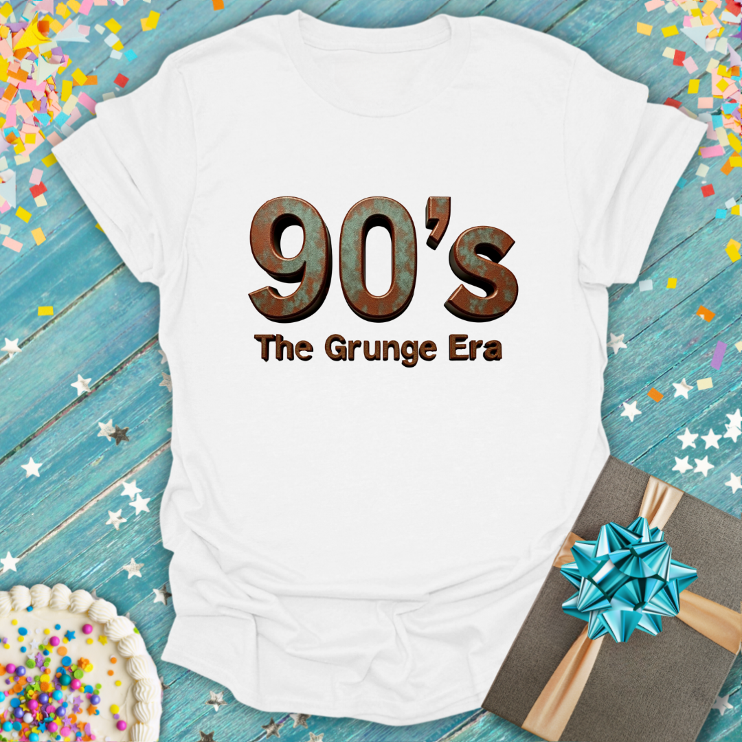 White Epic Era Tees t-shirt featuring '90's The Grunge Era' in rusty brown 3D text.