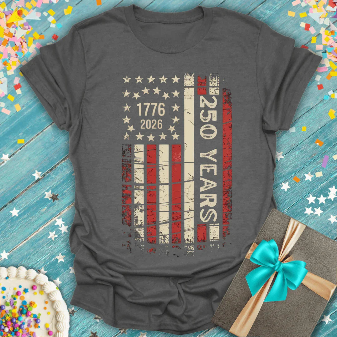 Charcoal gray tee with inclusive 250 Years 1776-2026 flag design—a soft, comfortable shirt for nationwide milestone gatherings