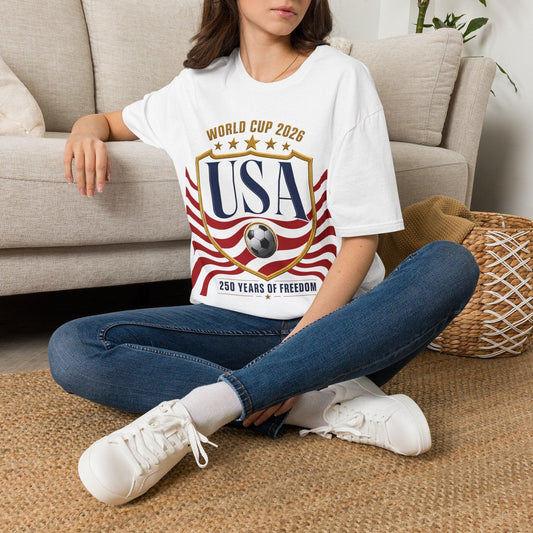 Woman wearing USA World Cup 2026 soccer tee with 250 Years of Freedom design, perfect for milestone celebrations