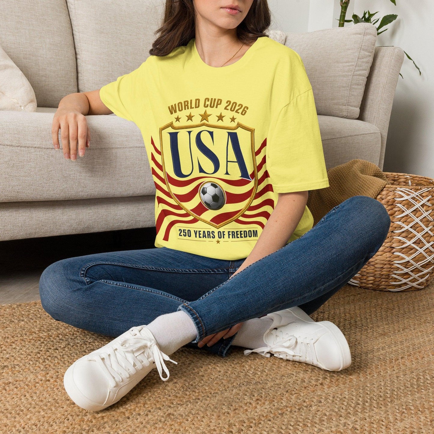 Yellow USA soccer tee for World Cup 2026 & 250 Years of Freedom, worn casually at home