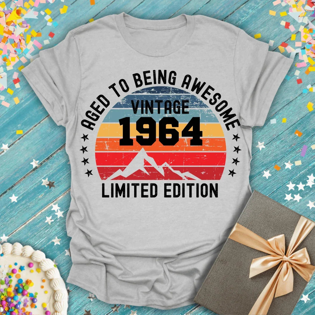 Vintage 1964 birthday tee, aged to being awesome, limited edition with mountain sunset design, gift-ready