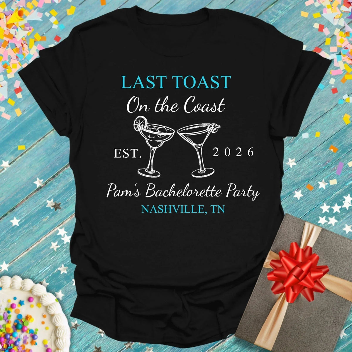 Epic Era Tees black t-shirt for Pam's Bachelorette Party with blue and white cocktail graphics.