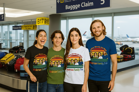 Four family members wearing custom Family Trip t-shirts in an airport baggage claim area.