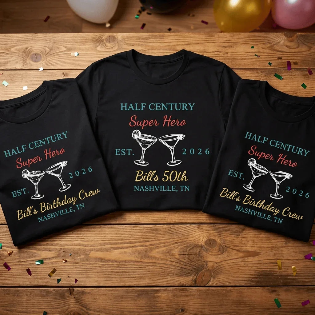Three black Epic Era Tees with 'Half Century Super Hero' birthday designs and martini graphics.