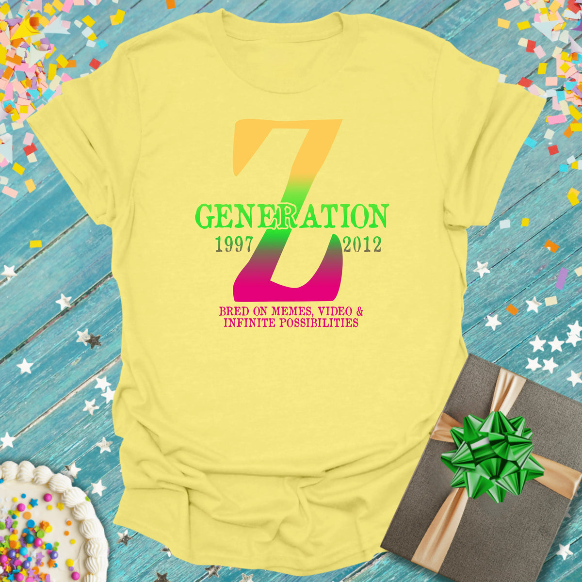Yellow Generation Z tee with rainbow Z, 1997-2012, memes & video design, gift box, confetti