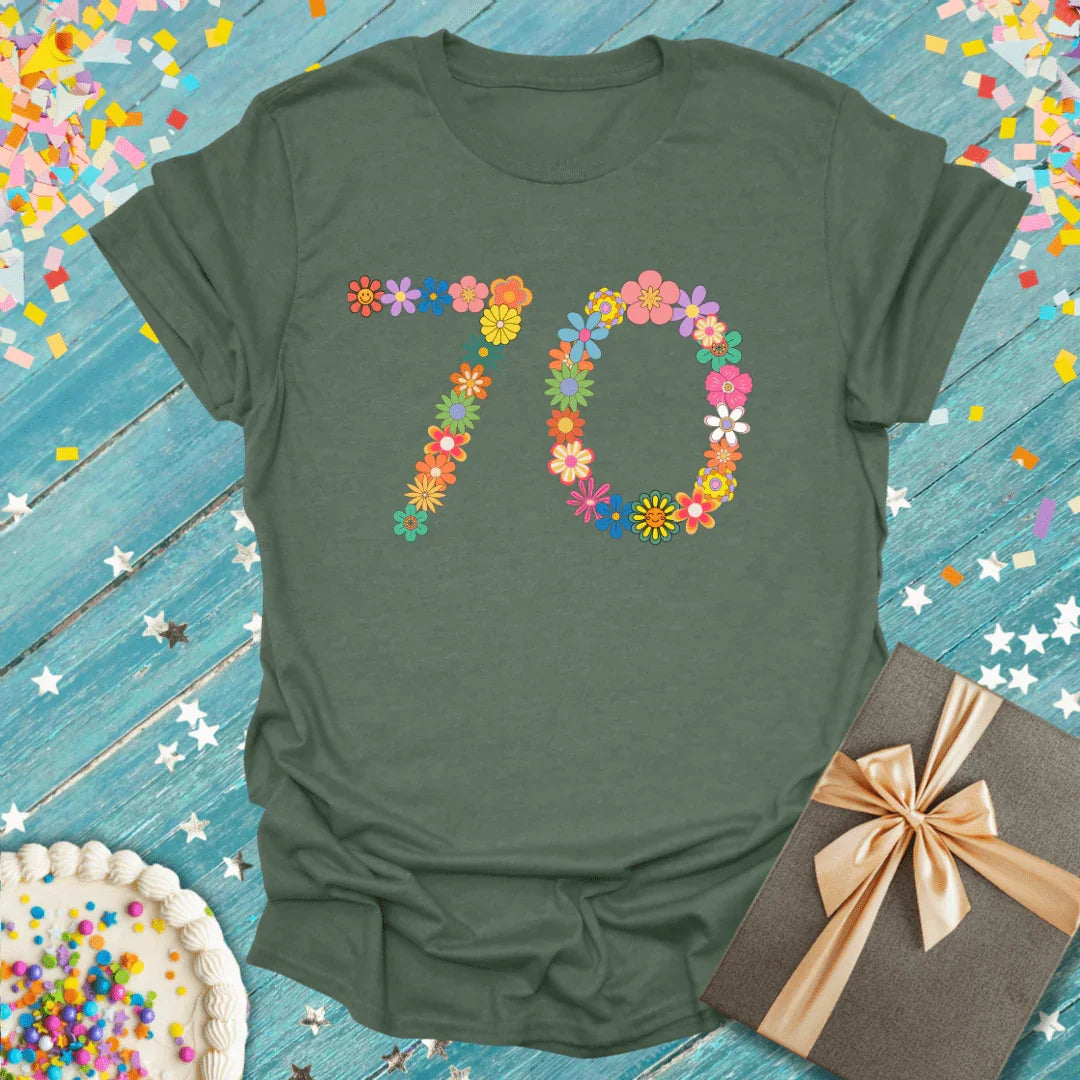 70th birthday floral tee, soft green shirt with colorful flower number 70, perfect gift with cake & confetti