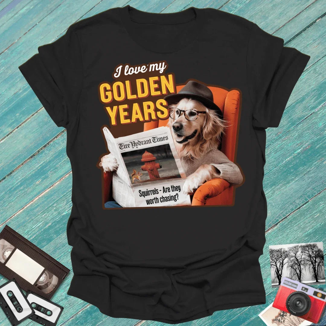 Black Epic Era Tees shirt featuring a dog in glasses reading a newspaper with 'I love my GOLDEN YEARS' text.