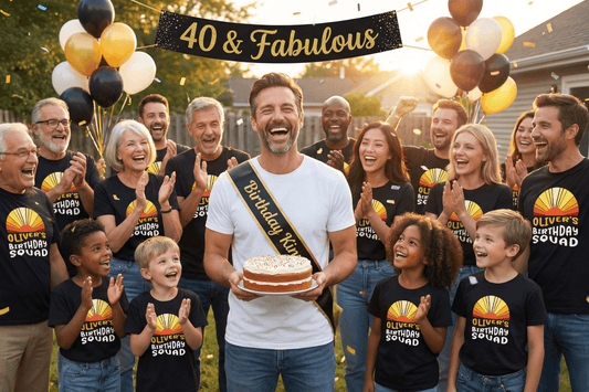 40 & Fabulous birthday celebration with matching 'Oliver's Birthday Squad' tees, cake, and confetti