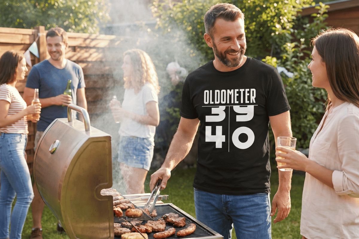 Man wearing an Epic Era Tees black t-shirt with a white 'OLDOMETER 39 to 40' graphic at a BBQ.