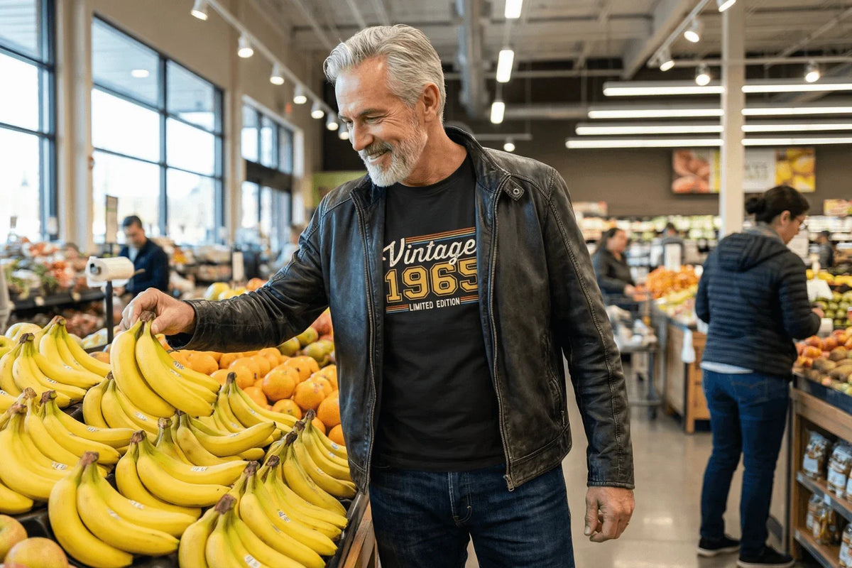 Man in black 'Vintage 1965 Limited Edition' tee by Epic Era Tees, shopping for bananas in grocery store