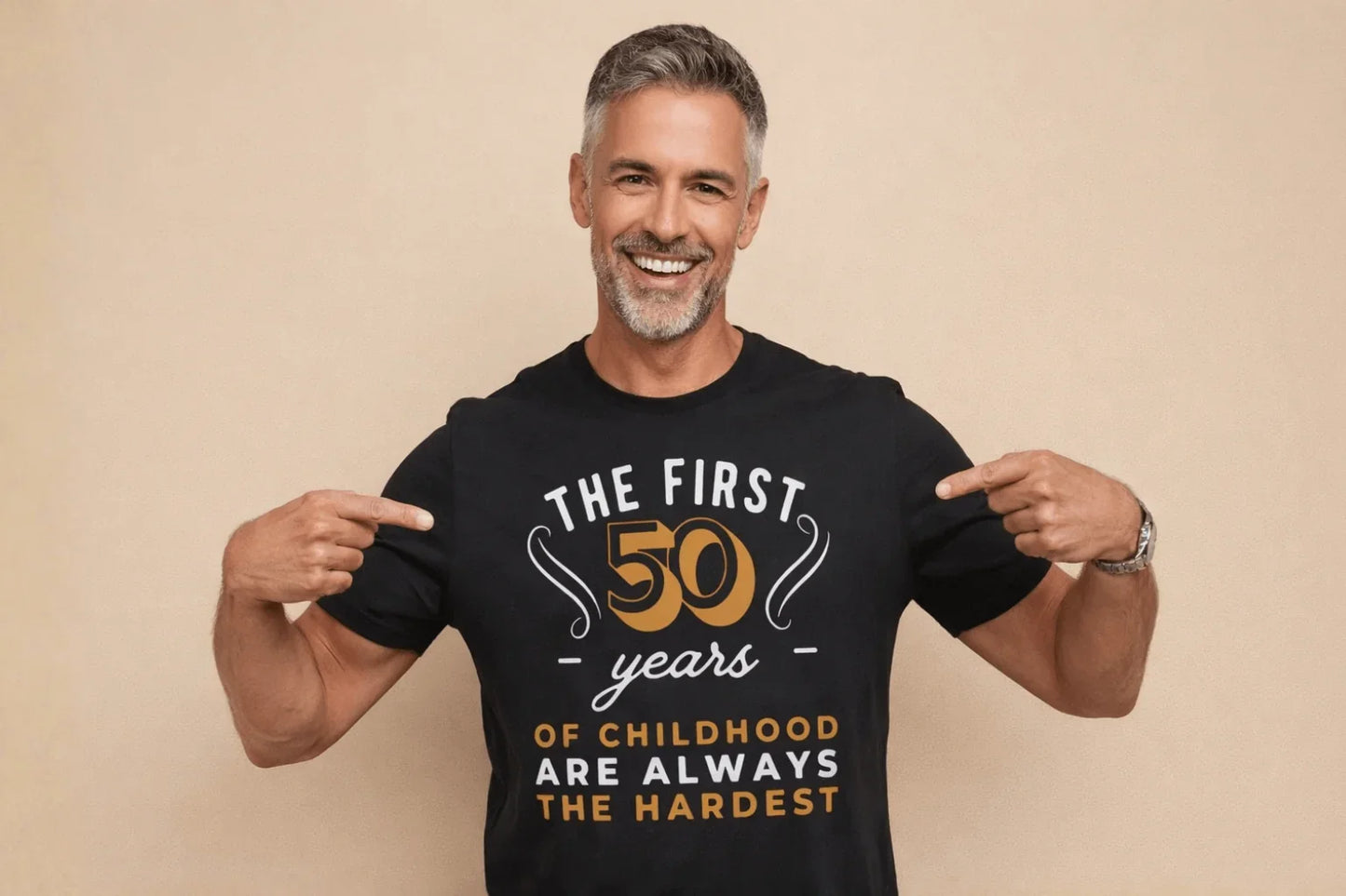 Man smiling in black 50th birthday tee with 'The First 50 Years' text, perfect for milestone celebrations