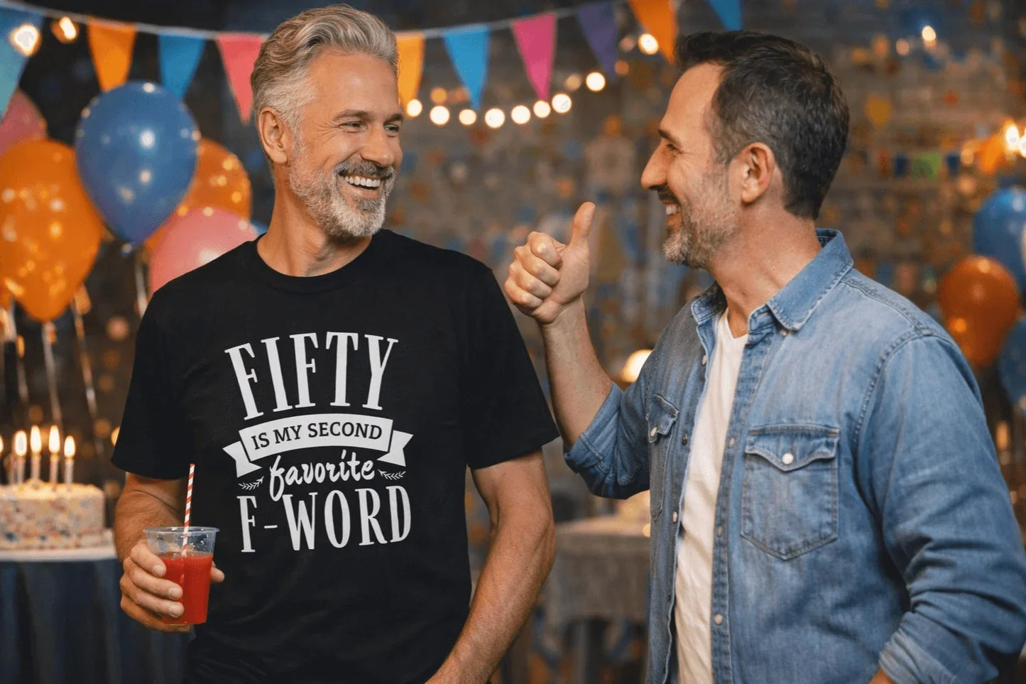 Man wearing 'Fifty is My Second Favorite F-Word' birthday tee at party with balloons and cake
