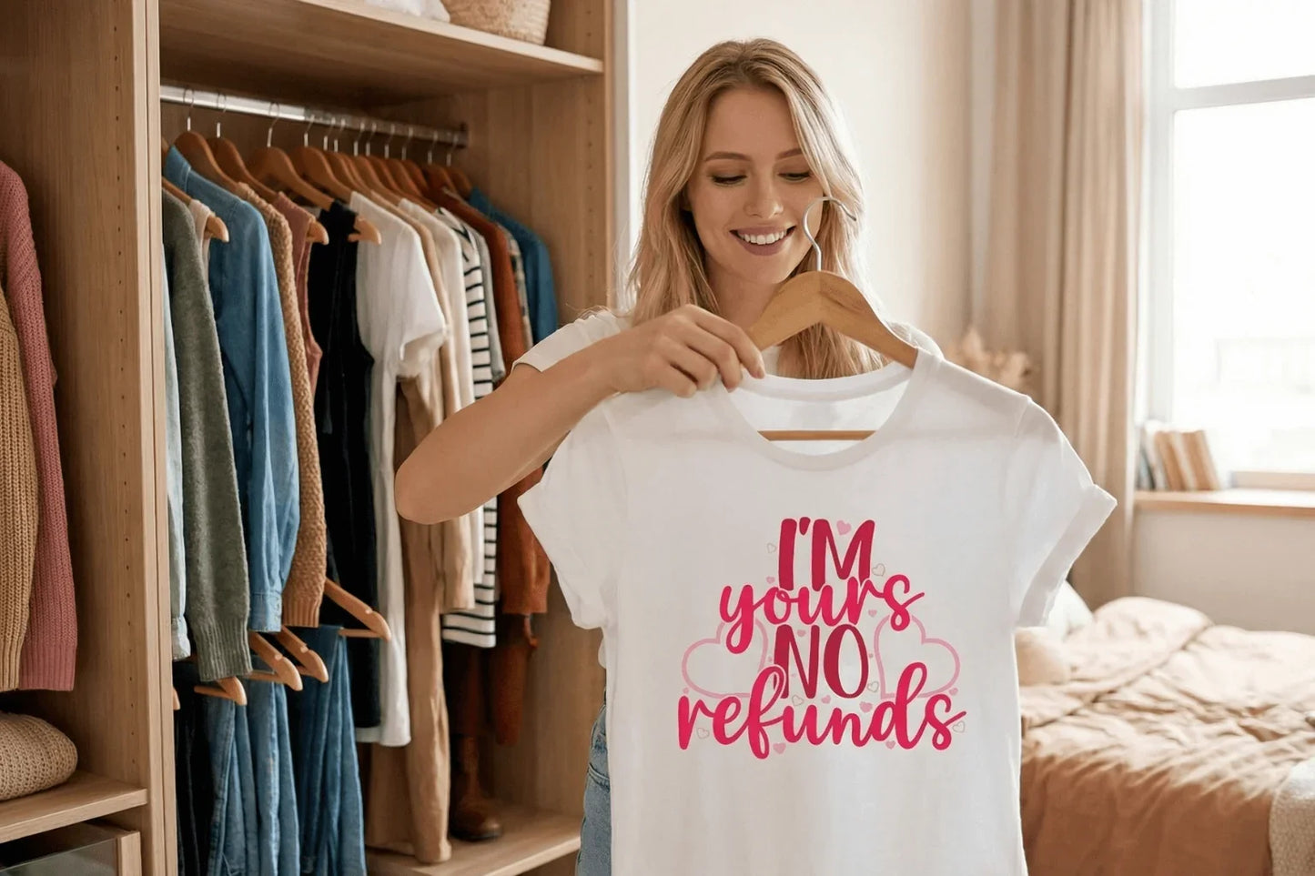 Woman holding white graphic tee with 'I'm yours NO refunds' in pink hearts, perfect for gifts or trips