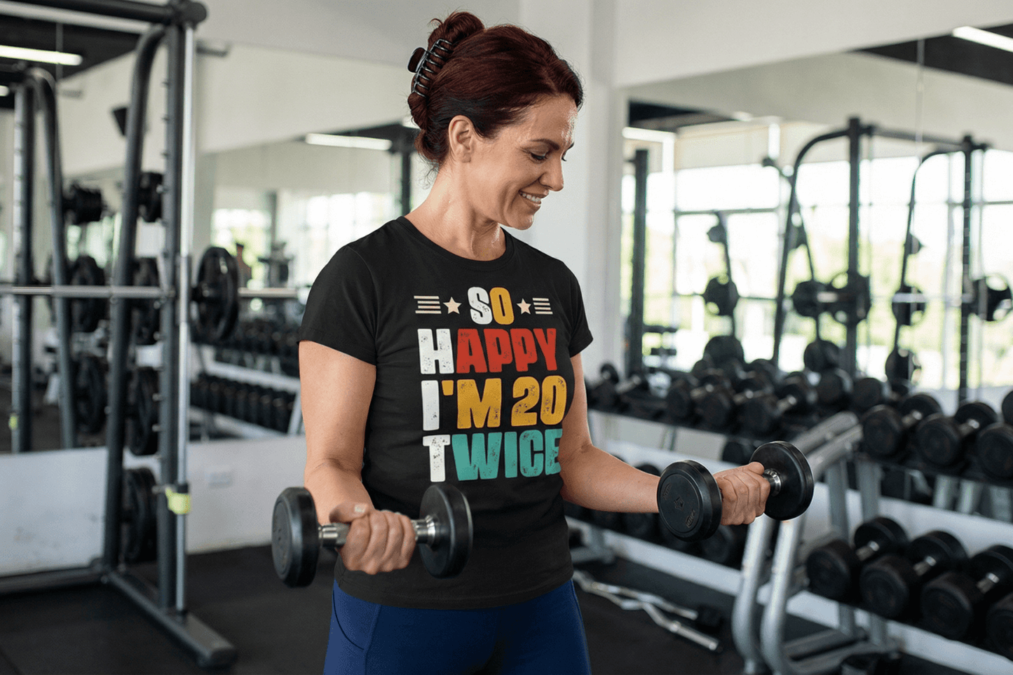 Woman lifting dumbbells in gym wearing 'So Happy I'm 20 Twice' birthday tee, soft fit for workouts & milestones