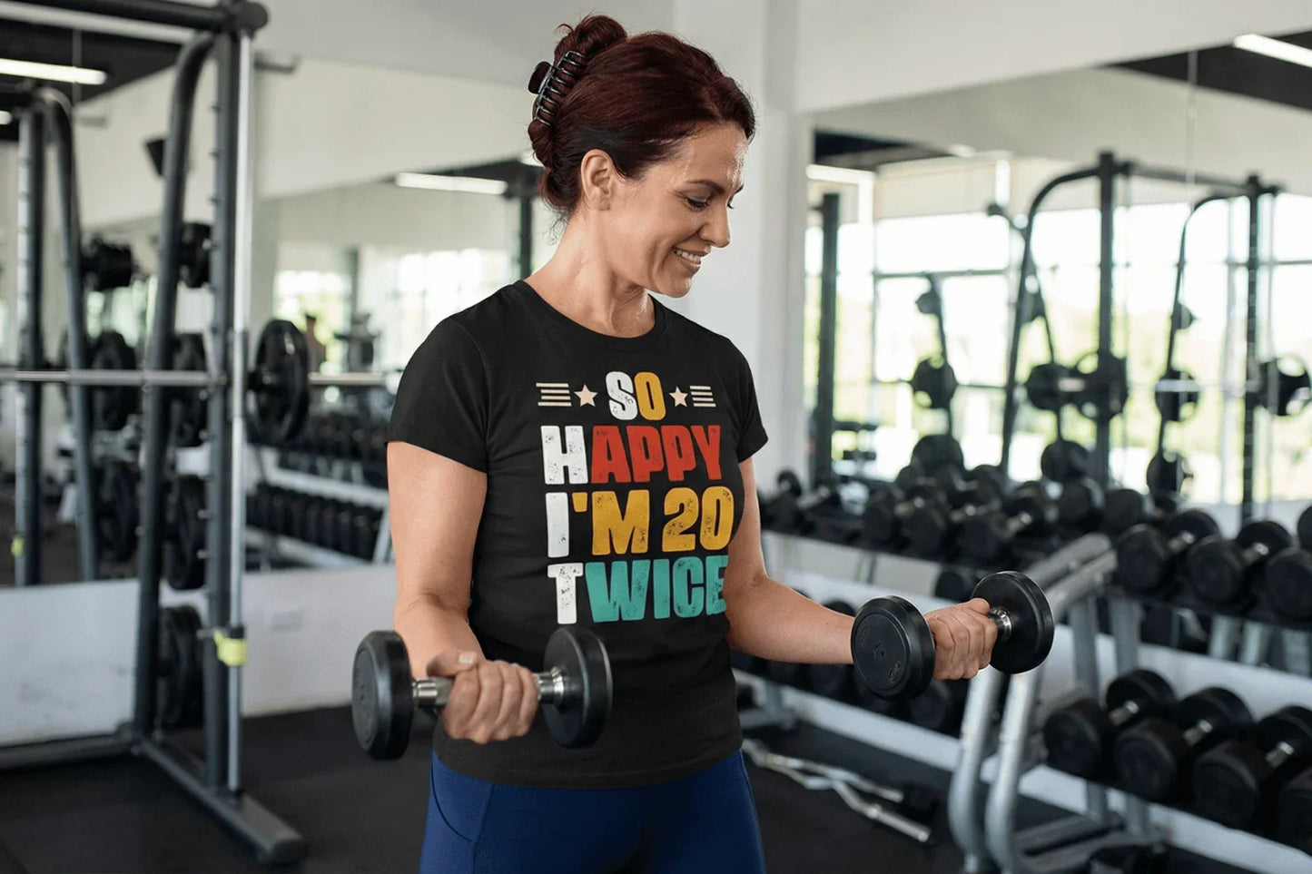 Woman lifting dumbbells in gym wearing 'So Happy I'm 20 Twice' birthday tee, soft fit for workouts & milestones