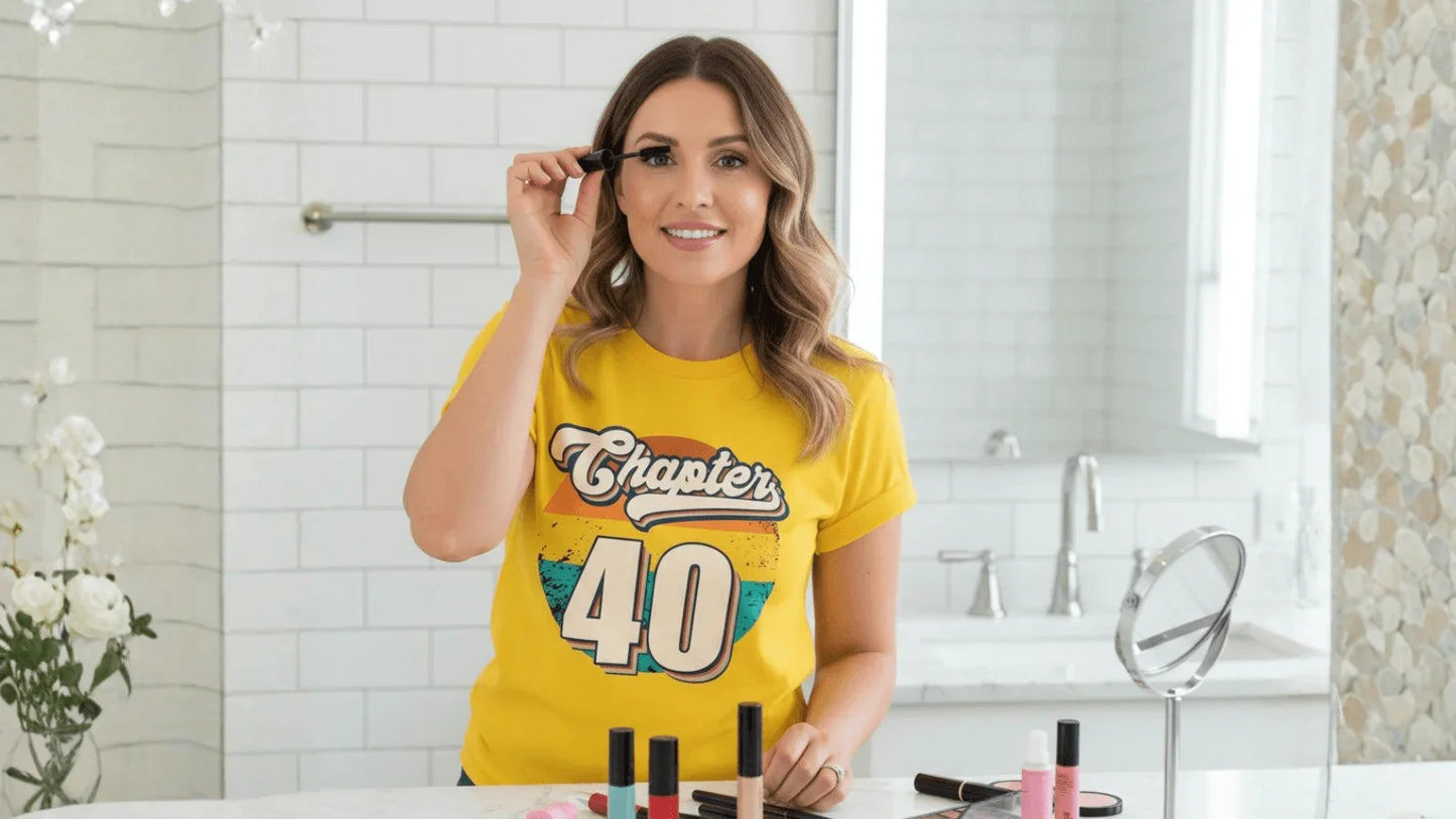 Woman applying mascara in bathroom wearing yellow 'Chapter 40' birthday tee for milestone celebration