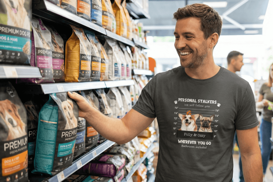 Man shopping for dog food wearing funny 'Personal Stalkers' dog lover tee in pet store aisle
