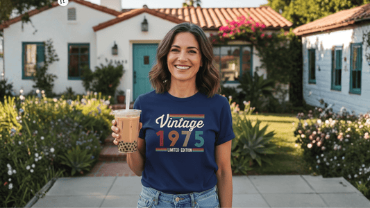 Woman in vintage 1975 limited edition tee holding boba drink, smiling outdoors