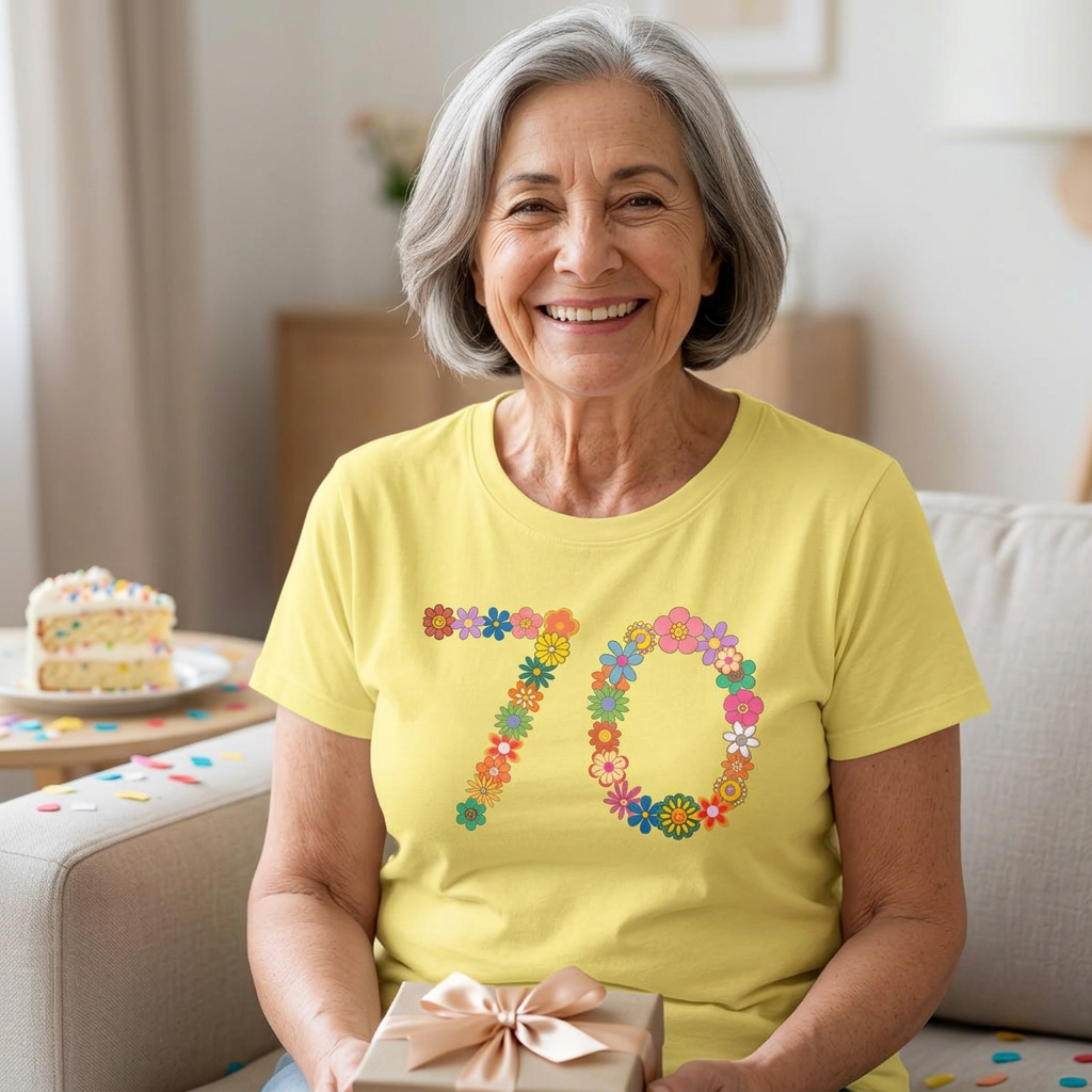 70 year old woman wearing a '70' floral yellow t-shirt
