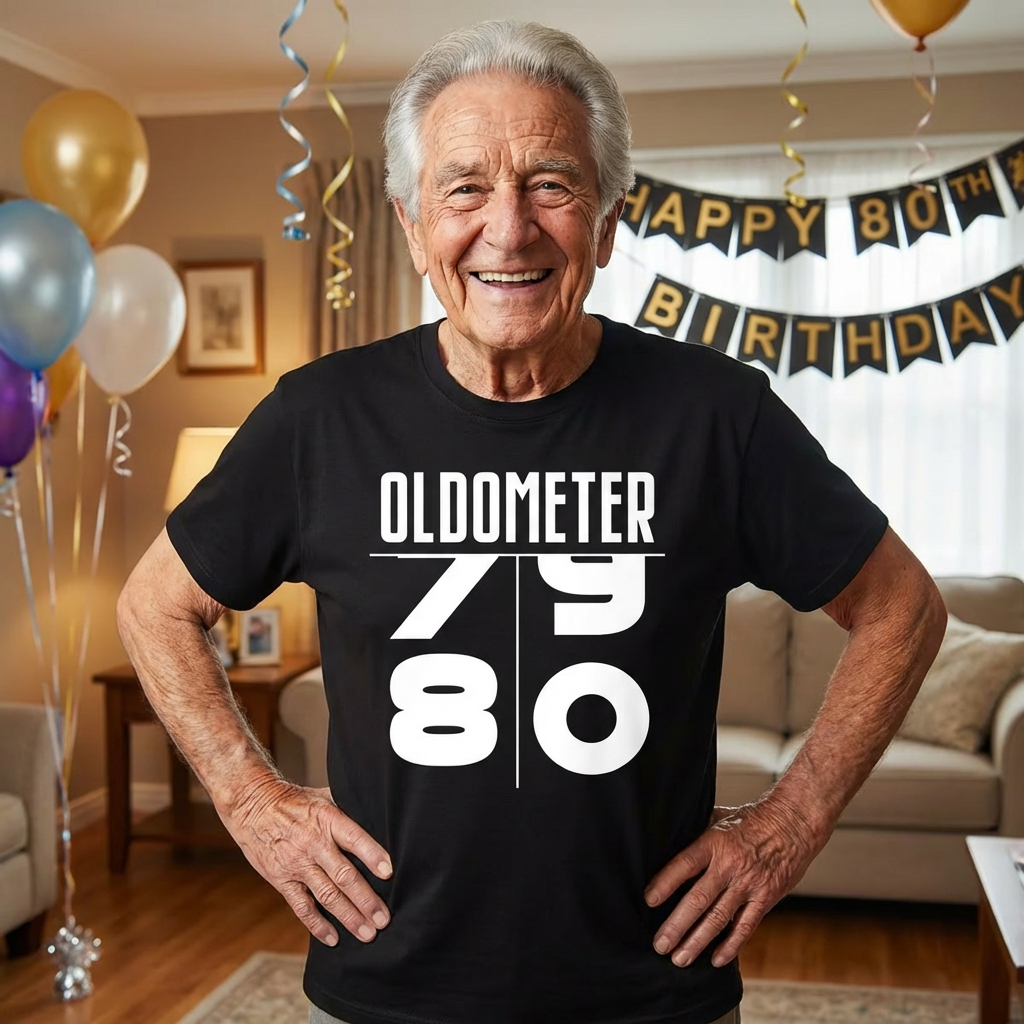 80  year old man wearing a black t-shirt that says 'Oldometer' with a 79 rolling over to 80