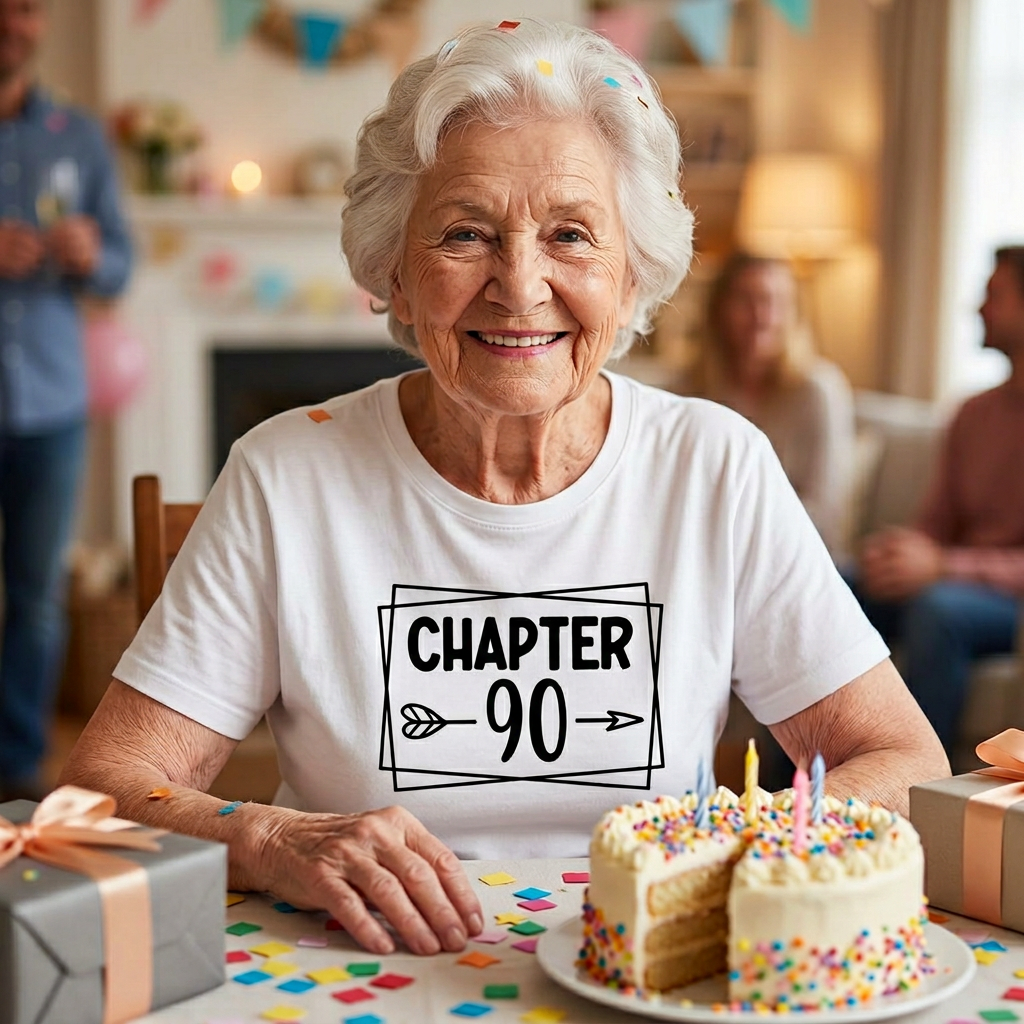 Woman at her birthday party in a white t-shirt that says, 'Chapter 90'