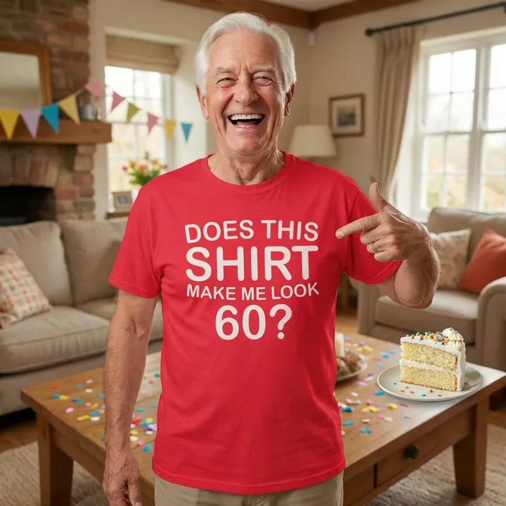 Man celebrating turning 60 while wearing a funny birthday gift T‑shirt with bold white lettering.