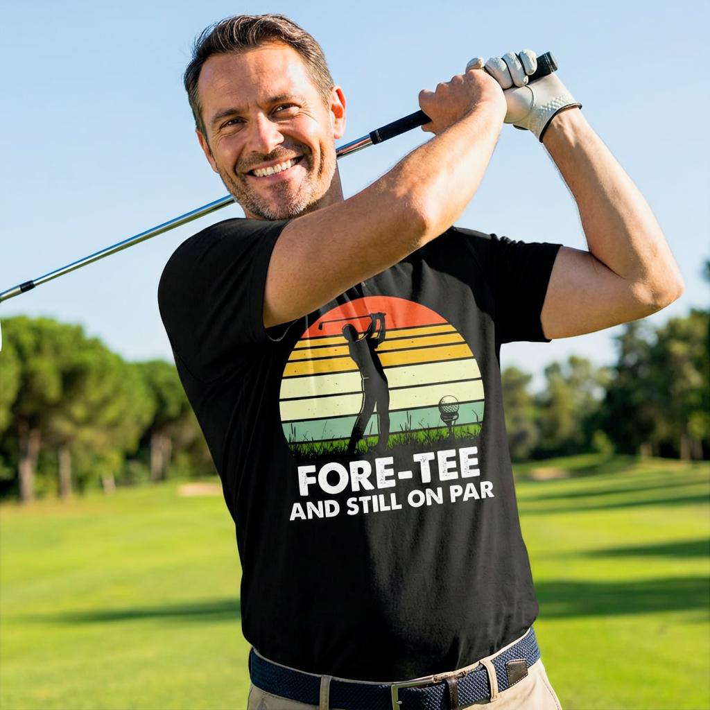 Man playing golf and wearing a black t-shirt that says 'Fore-Tee and Still on Par'.