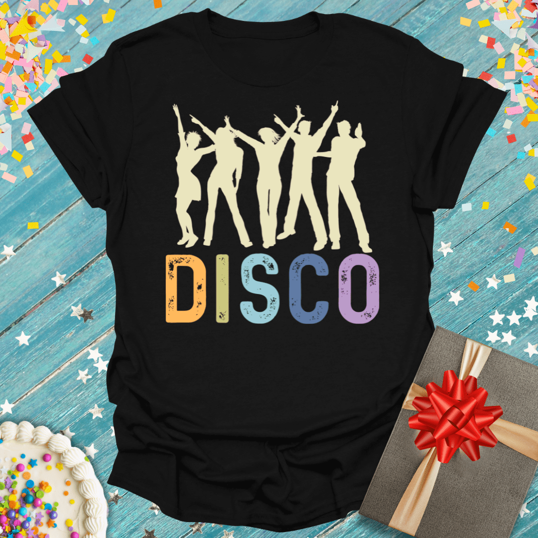 Black disco t-shirt with dancing silhouettes and colorful retro text, perfect for birthdays and parties.