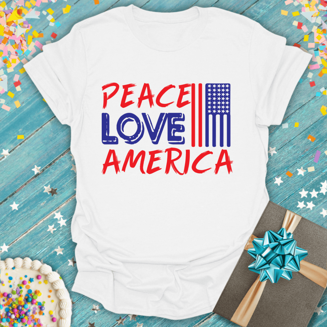 White Peace Love America t-shirt with flag design, perfect for birthdays or patriotic celebrations