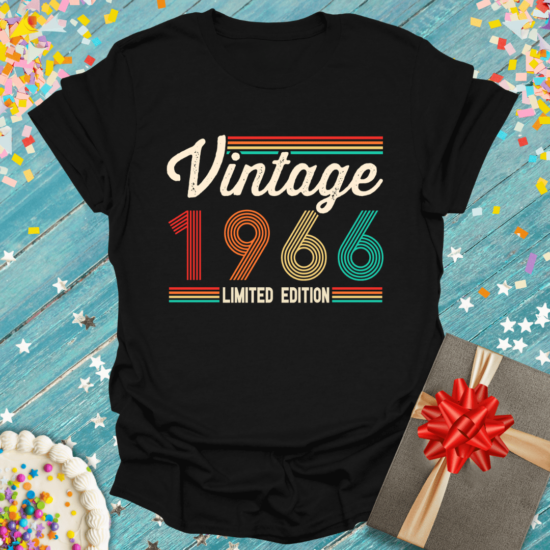 Vintage 1966 limited edition birthday tee with retro design, gift box, and cake on confetti background