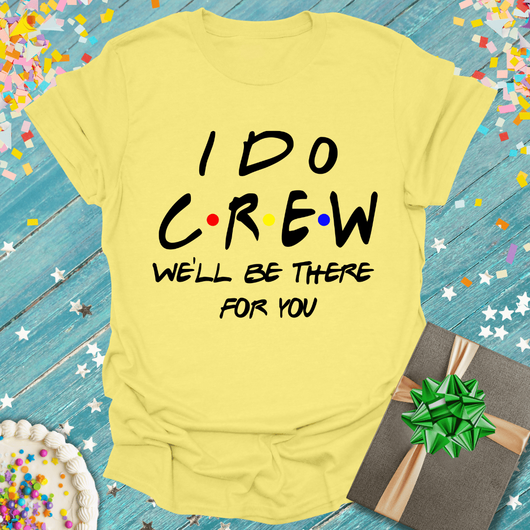 Yellow 'I Do Crew' t-shirt with confetti, cake, and gift—perfect for wedding parties and celebrations.