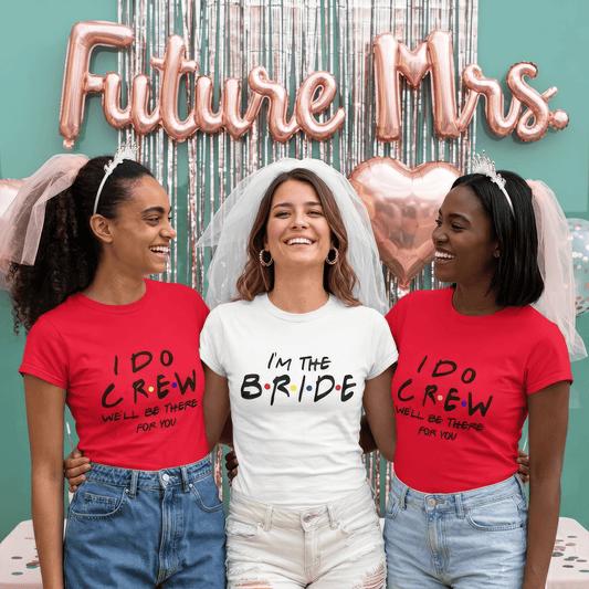 Bride and I Do Crew in matching tees for bachelorette party, Future Mrs. balloons backdrop