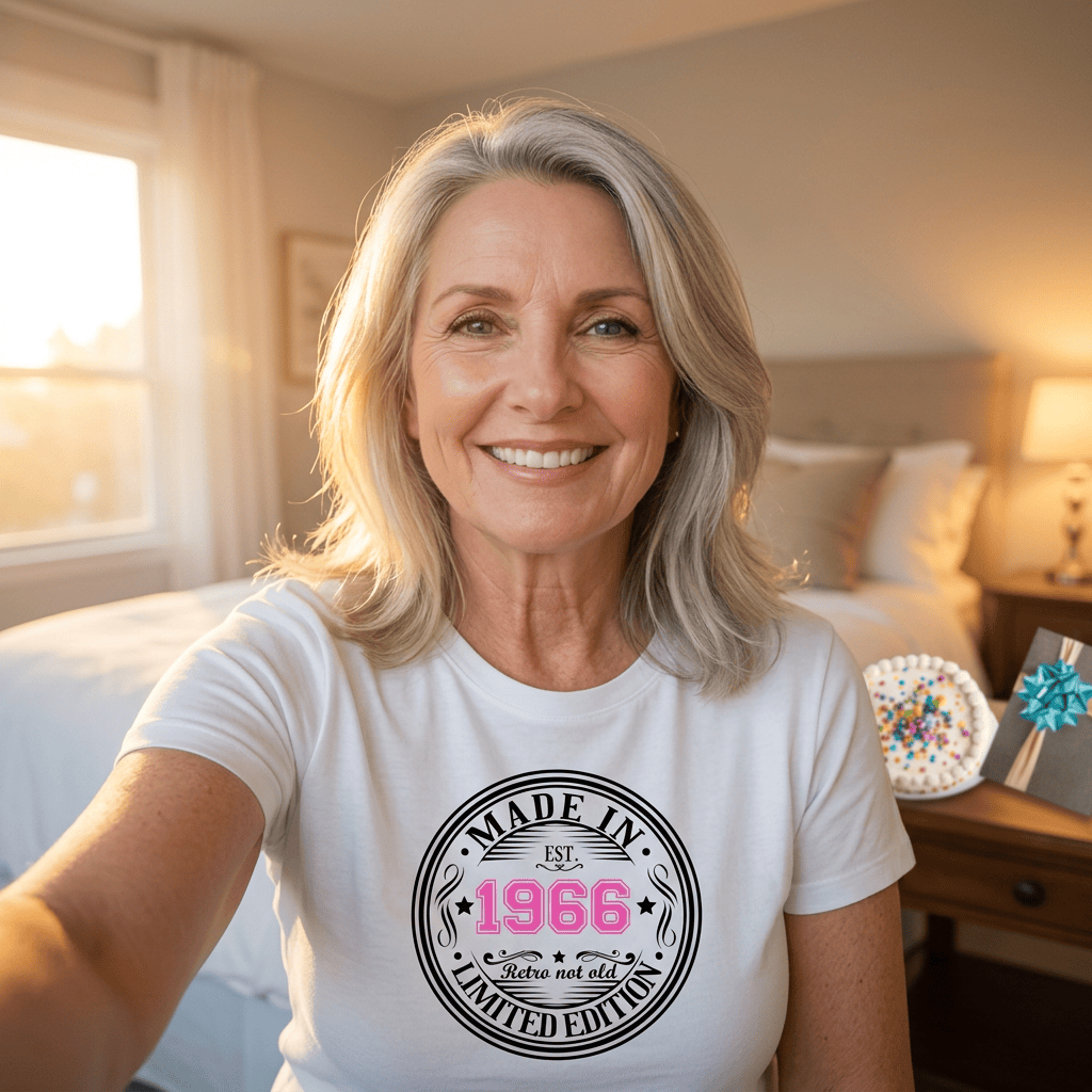 Woman wearing white 'Made in 1966 Retro not old' tee, celebrating milestone birthday with cake and gift