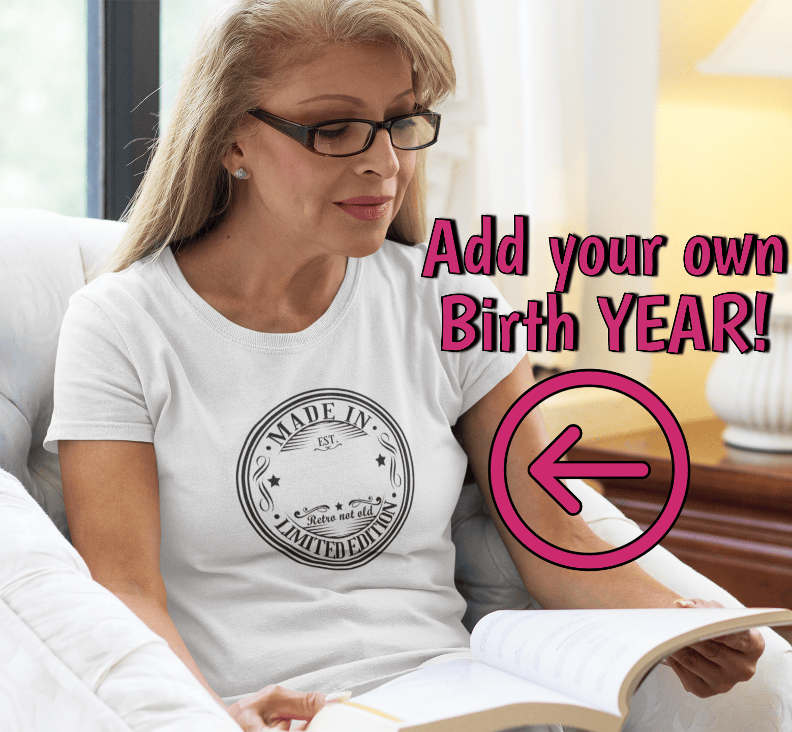 Woman wearing customizable birth year tee, 'Made In' retro design, soft cotton t-shirt for birthdays