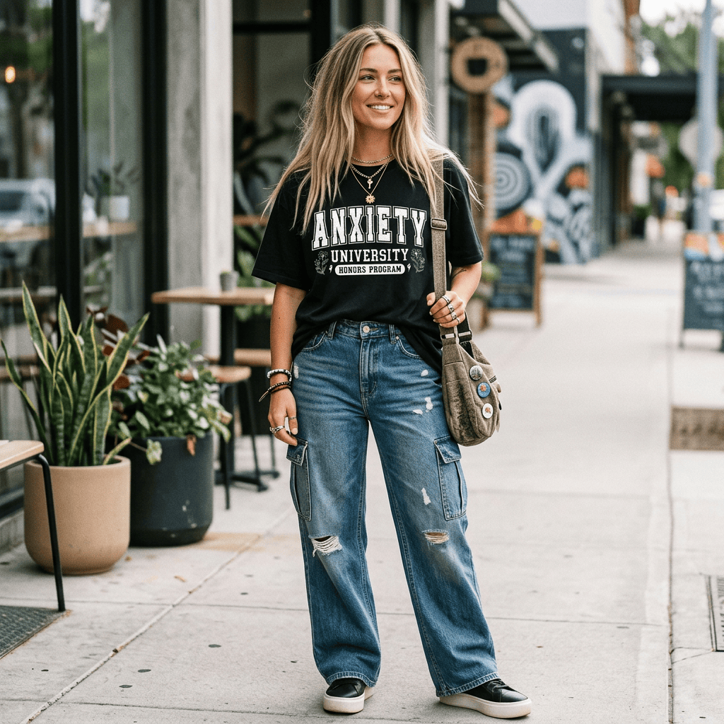 Woman wearing black 'Anxiety University' graphic tee with ripped jeans, perfect for casual street style.