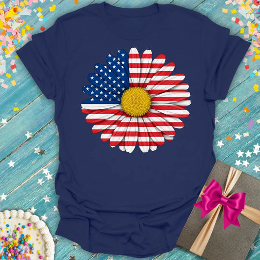 Navy t-shirt with American flag daisy graphic, bold patriotic design by Epic Era Tees for milestone celebrations.