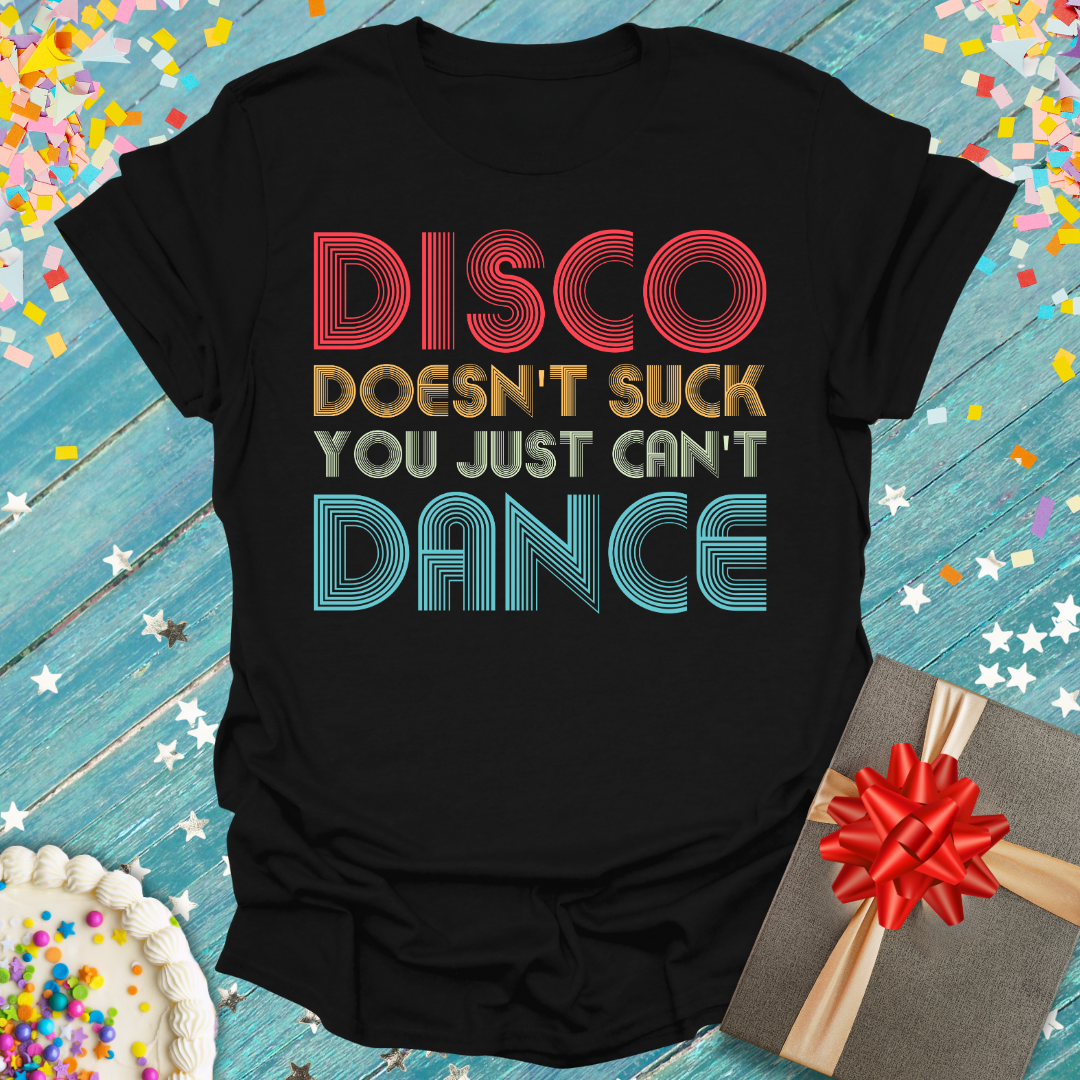 Black Epic Era Tees Disco Doesn't Suck T-Shirt with retro multi-colored striped text.