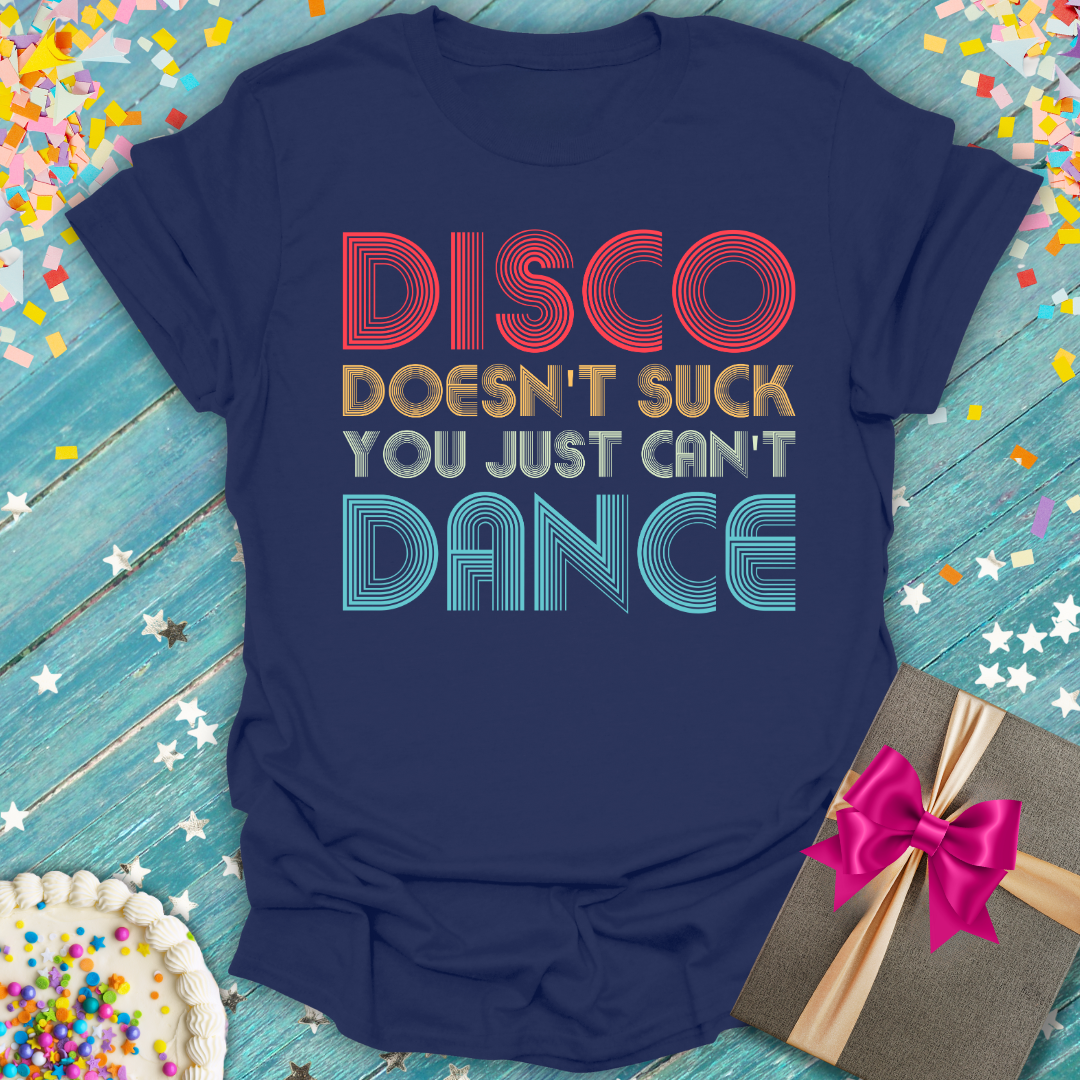 Epic Era Tees navy blue Disco Doesn't Suck T-Shirt with colorful retro striped typography.