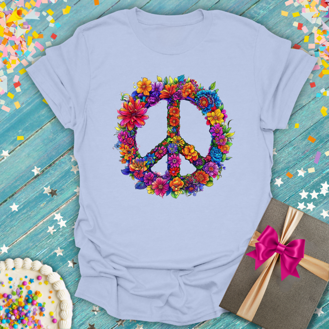 Epic Era Tees light blue 1960's Floral Peace Sign T-Shirt featuring a colorful flower peace sign graphic.