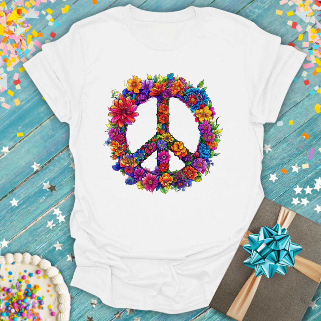 White Epic Era Tees t-shirt featuring a colorful floral 1960's Floral Peace Sign design.
