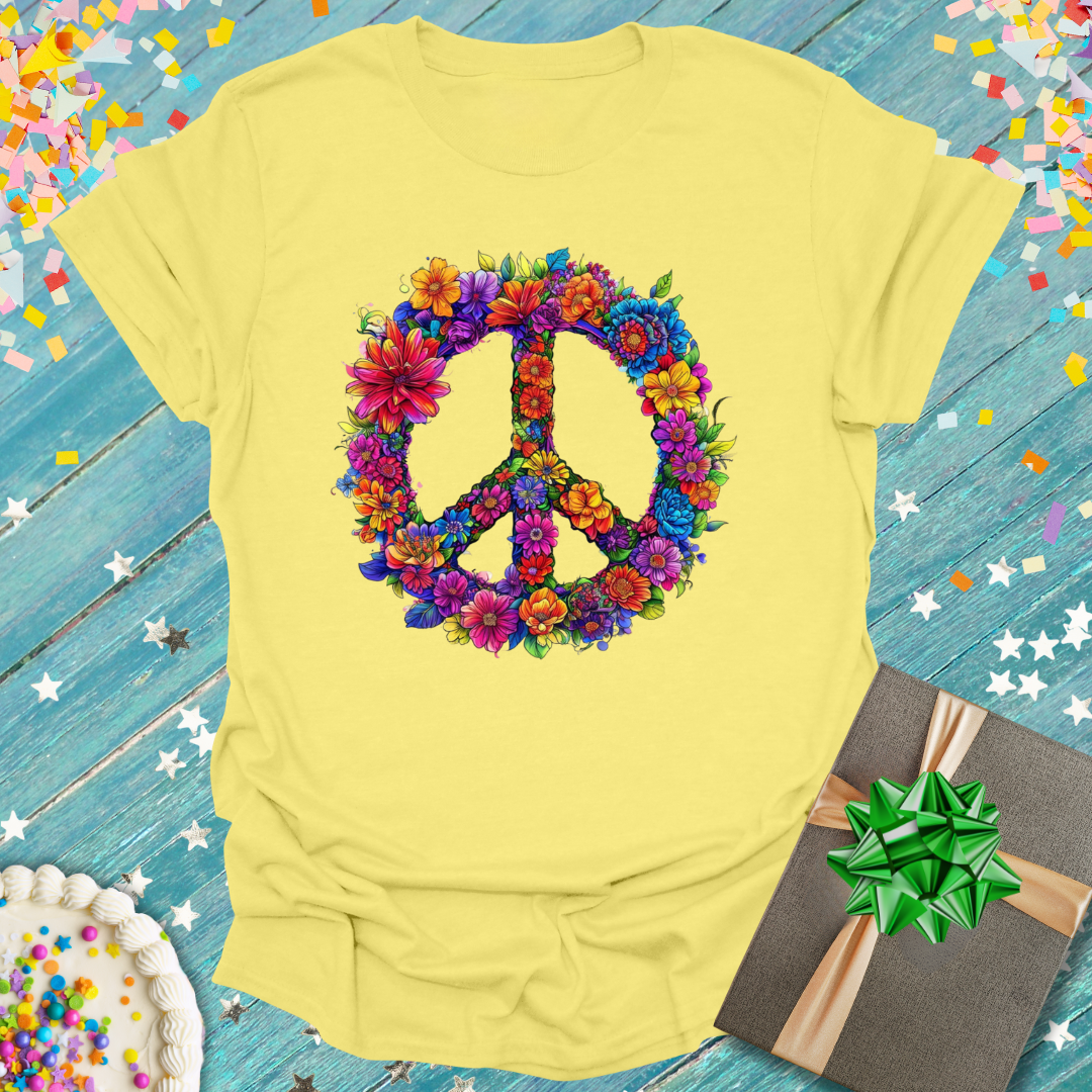 Epic Era Tees yellow t-shirt featuring a colorful 1960's Floral Peace Sign design.