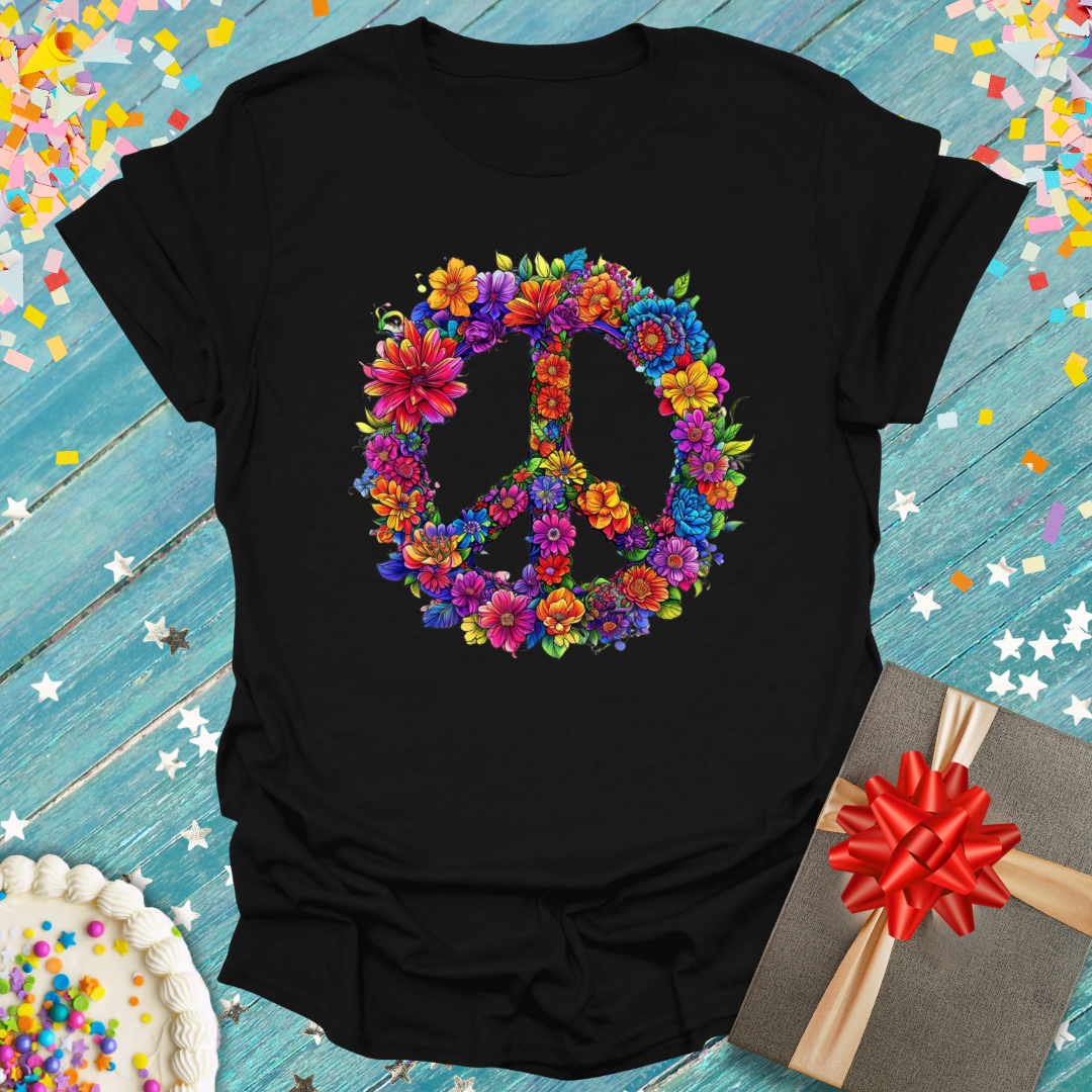 Epic Era Tees black t-shirt featuring a colorful 1960's Floral Peace Sign graphic.