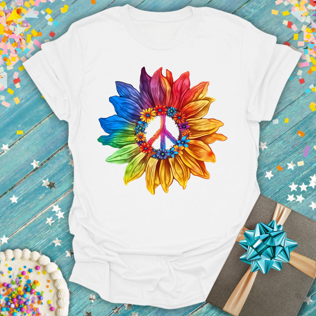 White Printify Floral Peace T-Shirt featuring a colorful rainbow sunflower peace sign graphic.