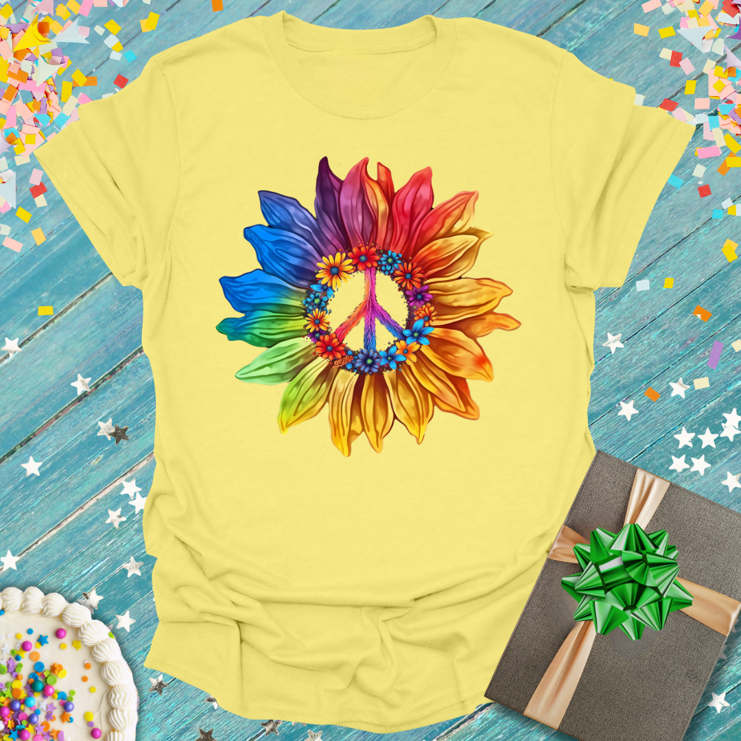 Yellow Printify Floral Peace T-Shirt featuring a rainbow sunflower with a peace symbol center.