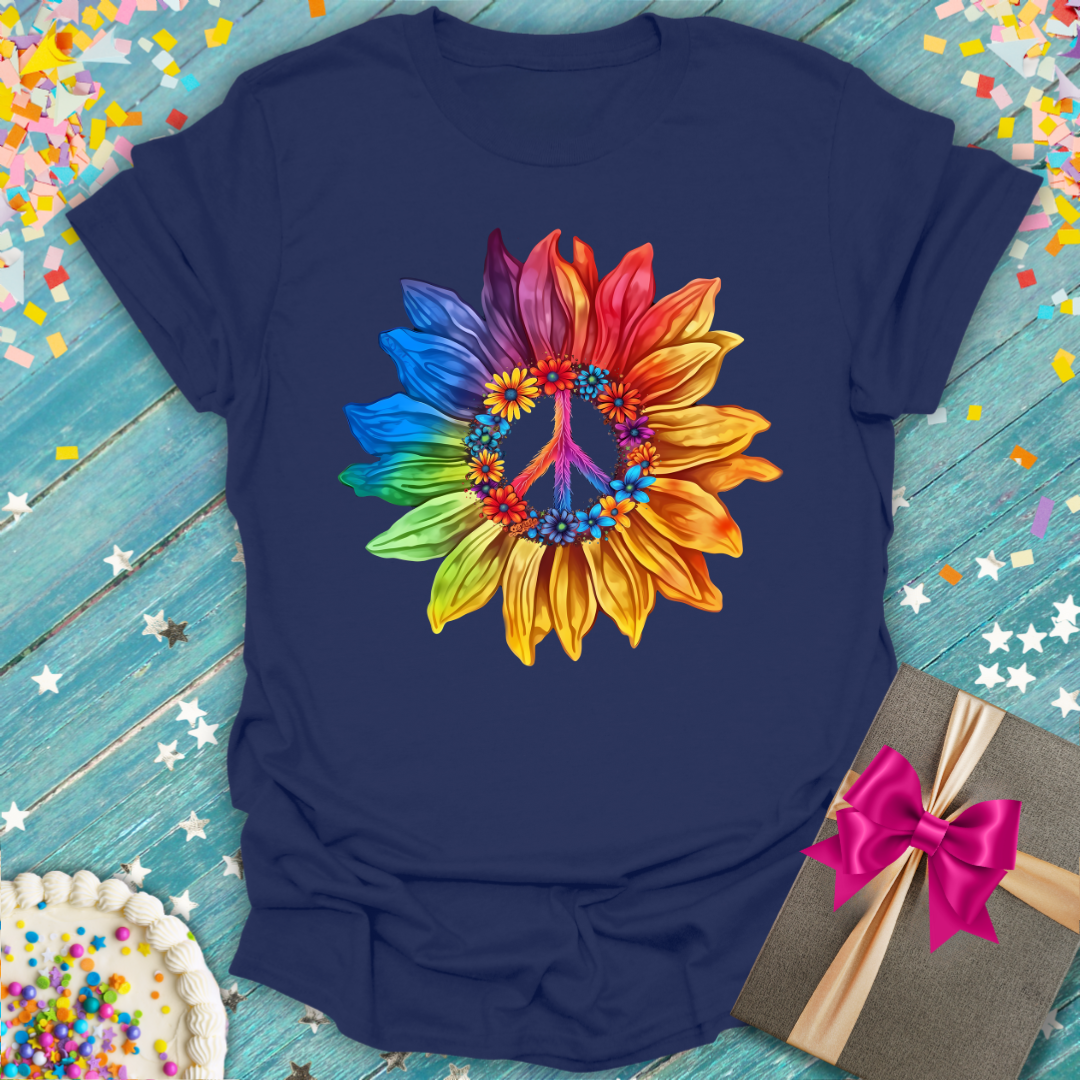 Navy blue Floral Peace T-Shirt by Printify featuring a rainbow sunflower and peace sign graphic.