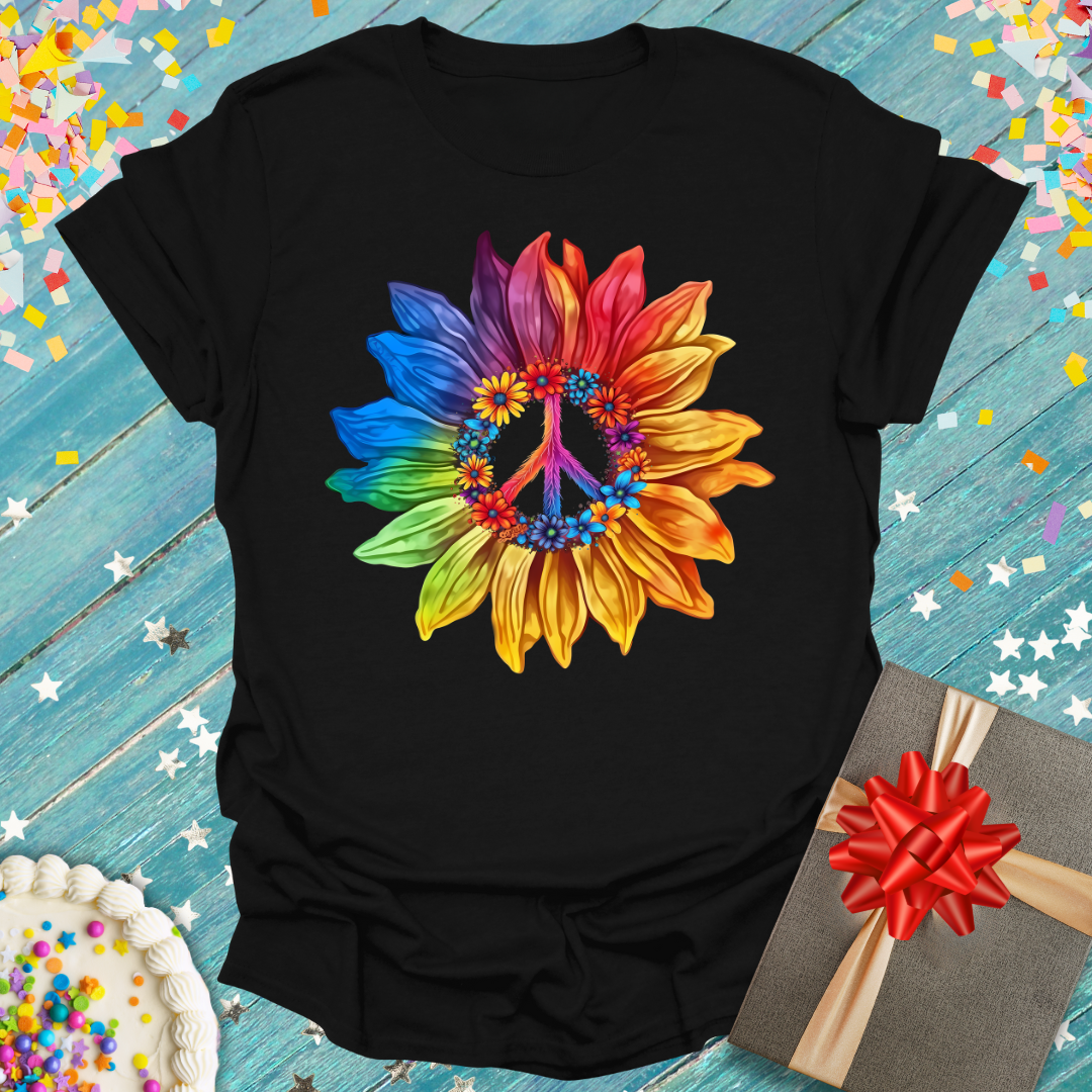 Black Printify Floral Peace T-Shirt featuring a rainbow sunflower peace sign graphic.