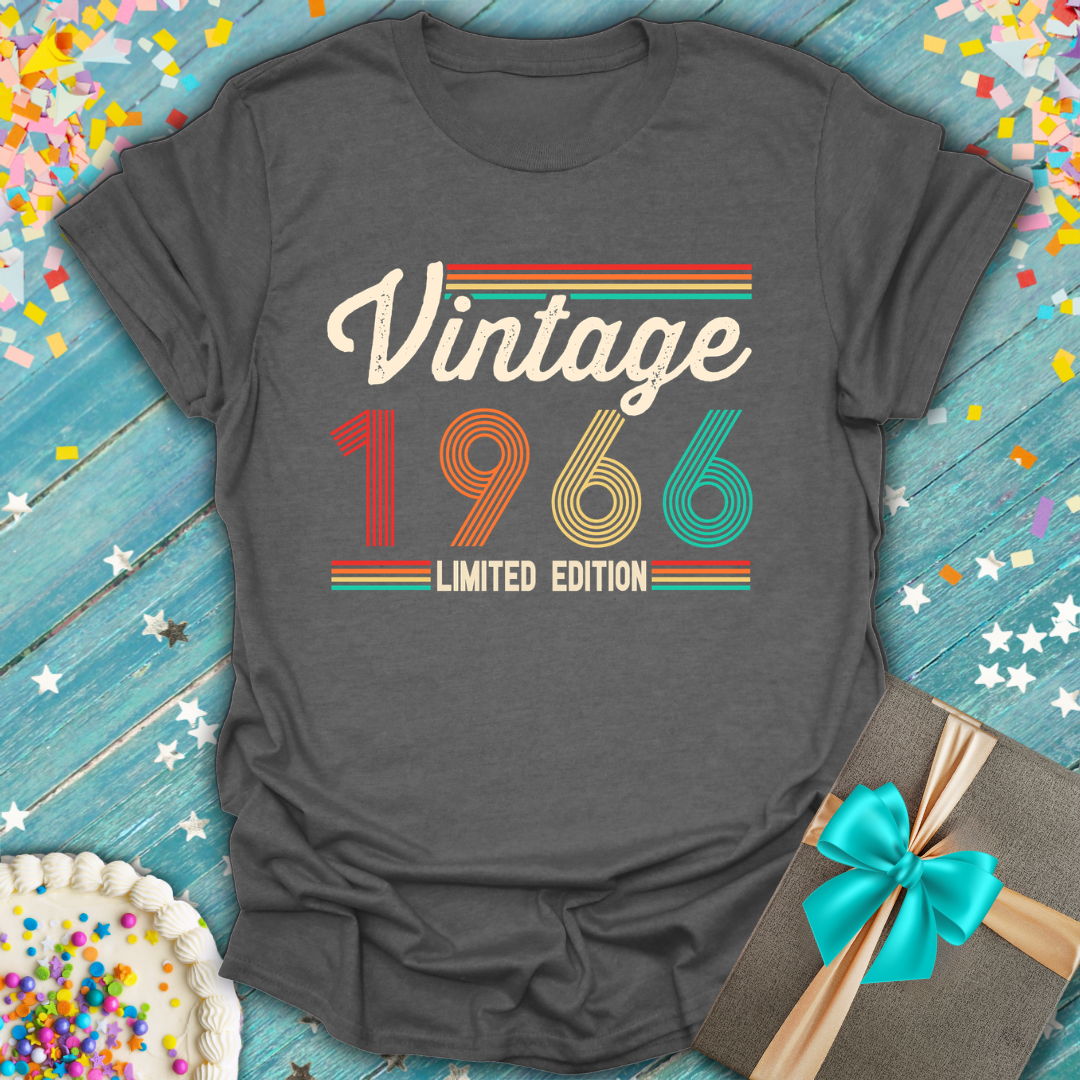 Epic Era Tees Vintage 1966 T-Shirt in charcoal grey with retro multicolored typography.