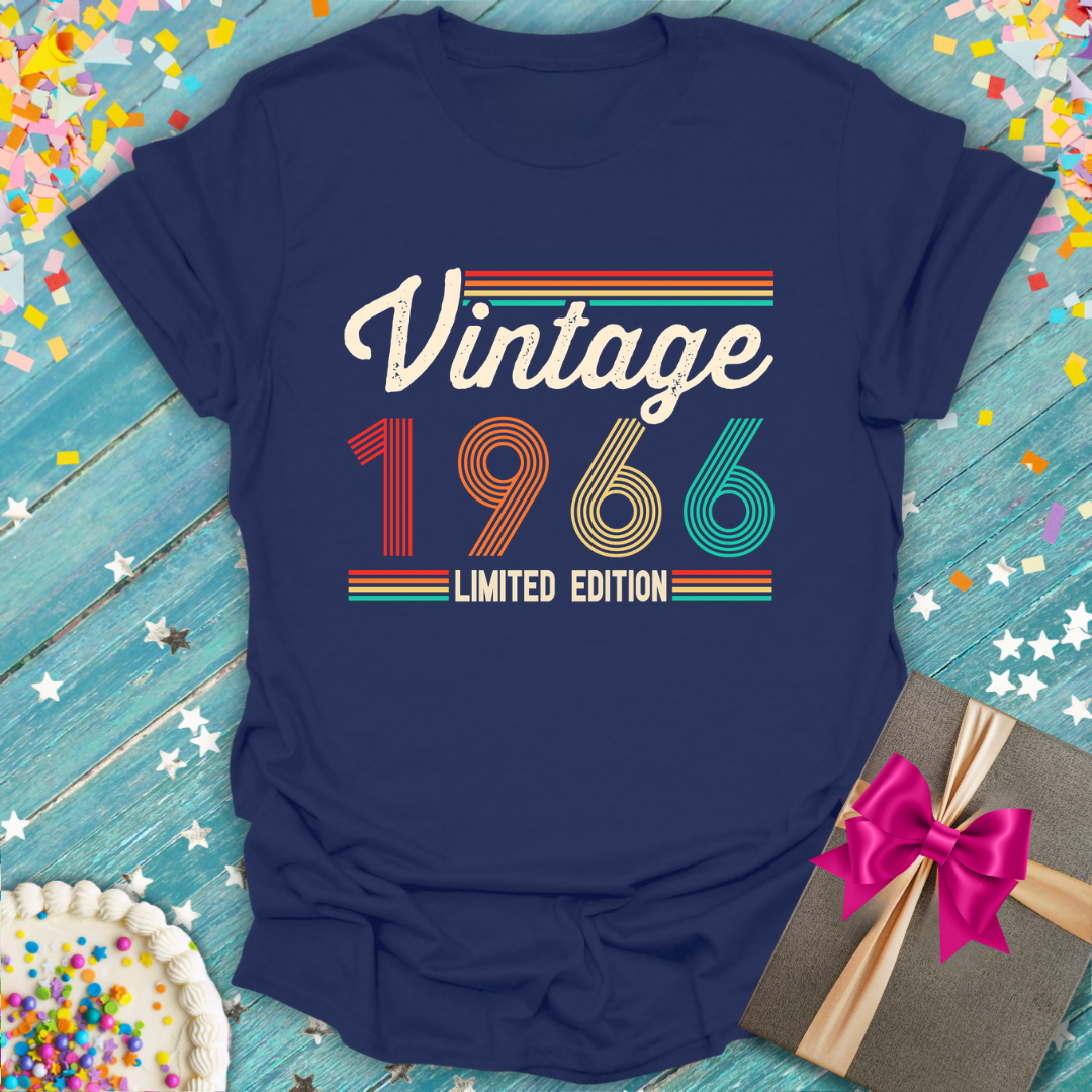 Navy blue Epic Era Tees Vintage 1966 T-Shirt featuring a retro rainbow graphic and limited edition text.