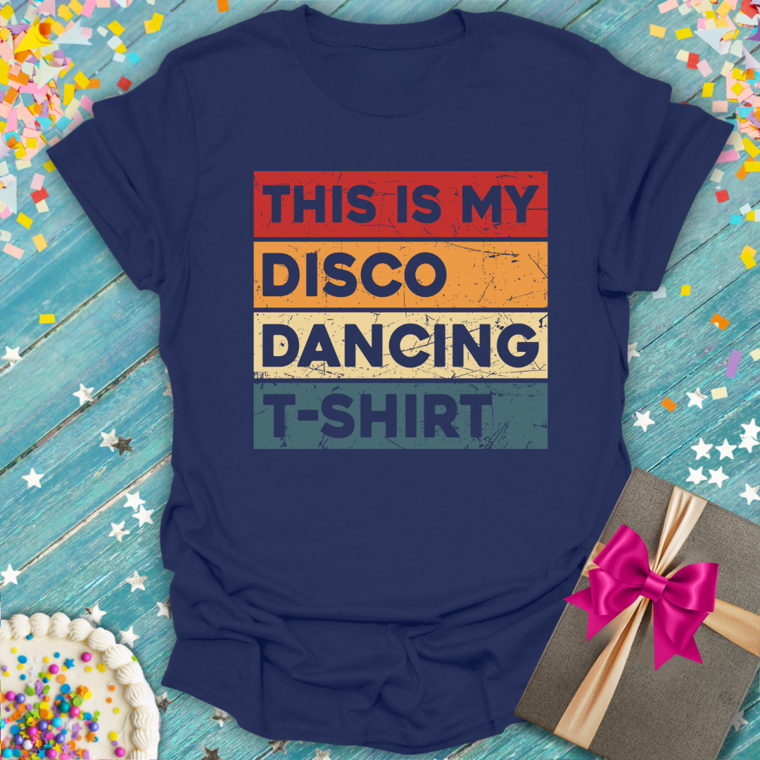 Navy Epic Era Tees Disco Dancing T-Shirt with retro multi-colored distressed graphic text.