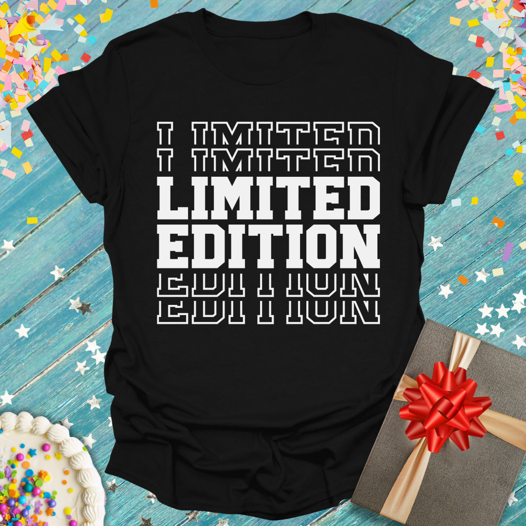 Epic Era Tees black t-shirt with bold white 'LIMITED EDITION' graphic text in a varsity style.
